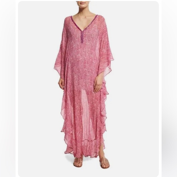 Calypso St Barth butterfly Sleeve pink paisley Printed silk Maxi Dress